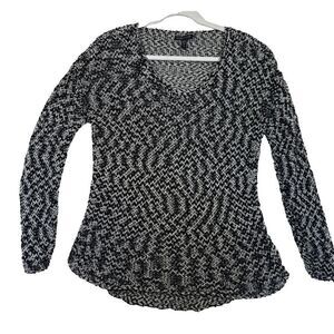 Eileen Fisher Womens Open Knit V Neck Sweater Black White‎ USA Size Small